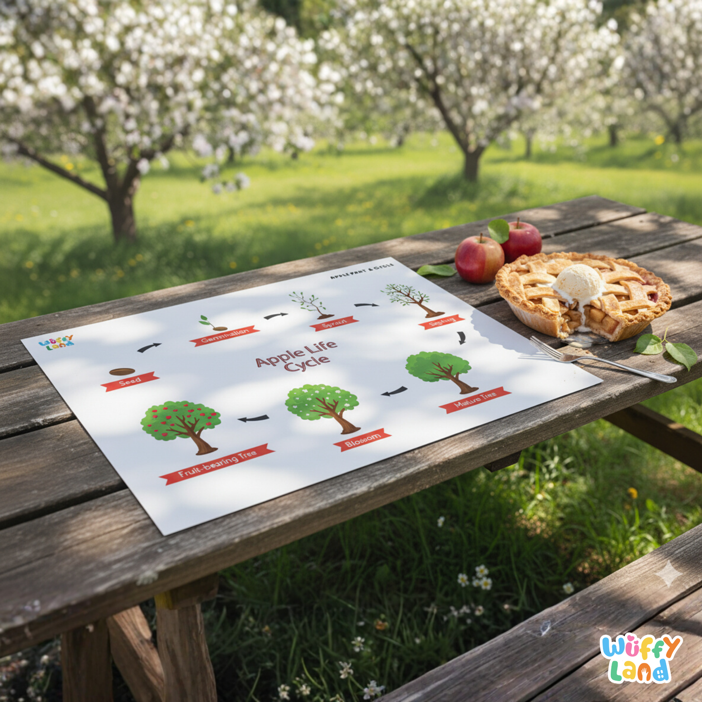 Illustrated apple-themed educational worksheets showing the parts of an apple and the apple life cycle. Includes diagrams of apple seeds, germination, sprout, sapling, mature tree, blossoming tree, and fruit-bearing tree, as well as labeled apple parts such as leaf, stem, skin, seeds, core, and flesh