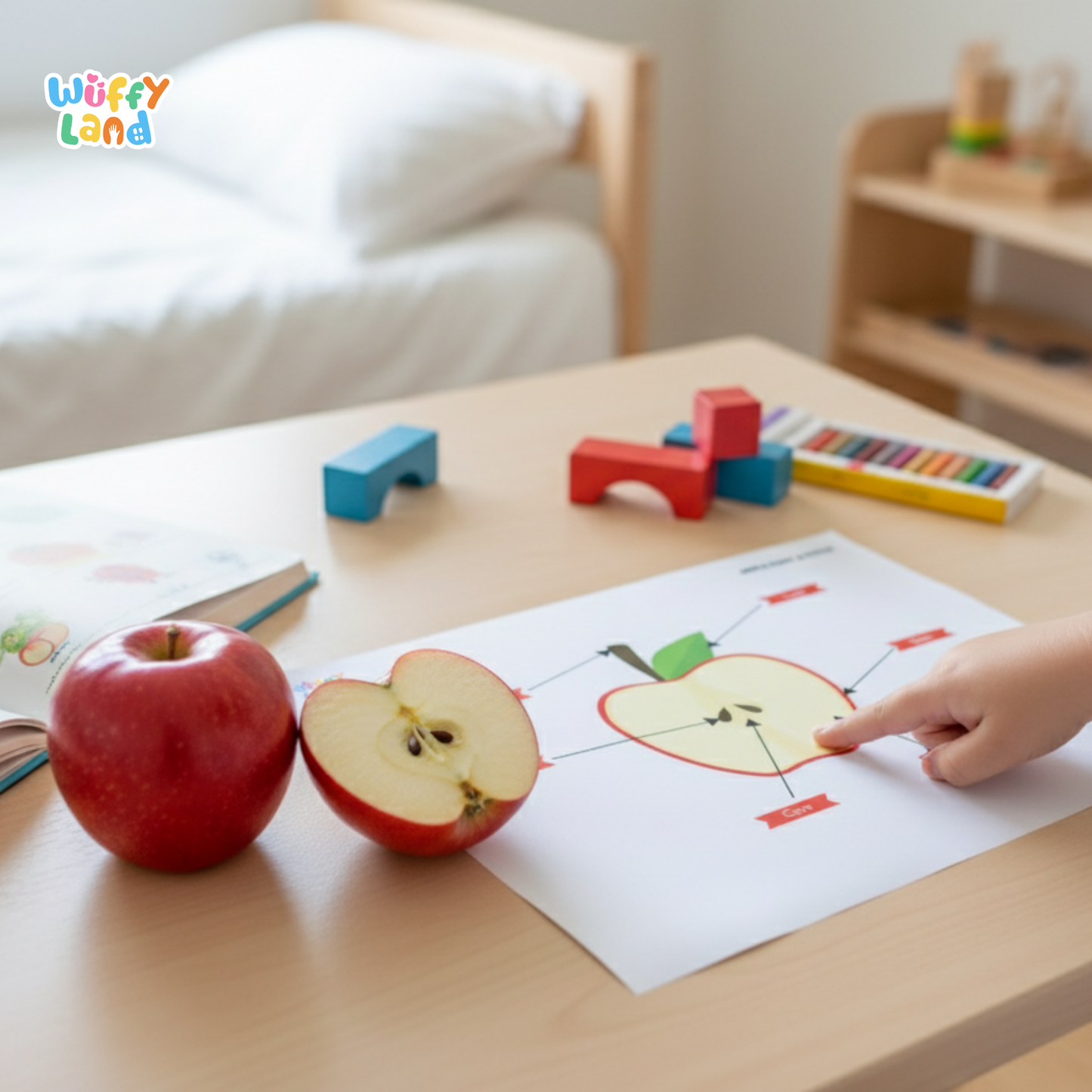 Illustrated apple-themed educational worksheets showing the parts of an apple and the apple life cycle. Includes diagrams of apple seeds, germination, sprout, sapling, mature tree, blossoming tree, and fruit-bearing tree, as well as labeled apple parts such as leaf, stem, skin, seeds, core, and flesh