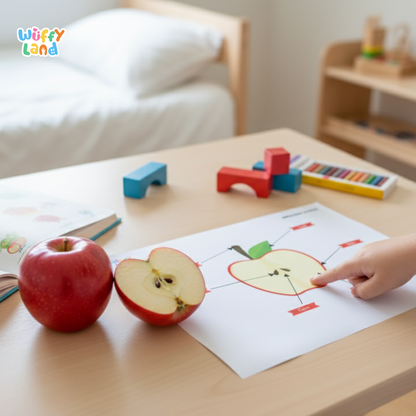 Illustrated apple-themed educational worksheets showing the parts of an apple and the apple life cycle. Includes diagrams of apple seeds, germination, sprout, sapling, mature tree, blossoming tree, and fruit-bearing tree, as well as labeled apple parts such as leaf, stem, skin, seeds, core, and flesh