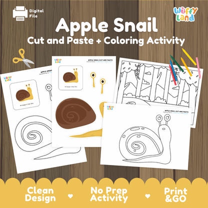 Apple Snail Cut and Paste Craft and Coloring Activity Worksheets