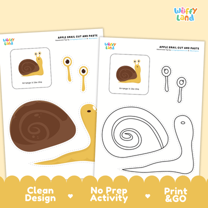 Apple Snail Cut and Paste Craft and Coloring Activity Worksheets