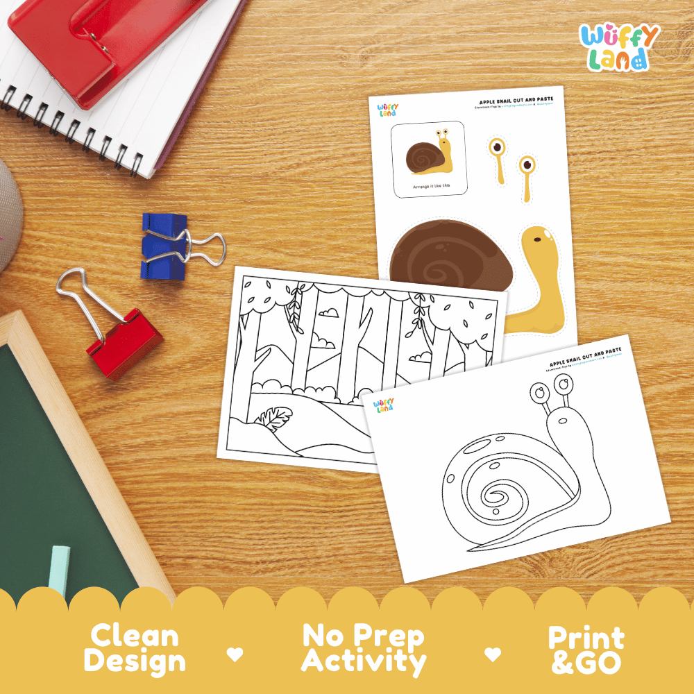 Apple Snail Cut and Paste Craft and Coloring Activity Worksheets