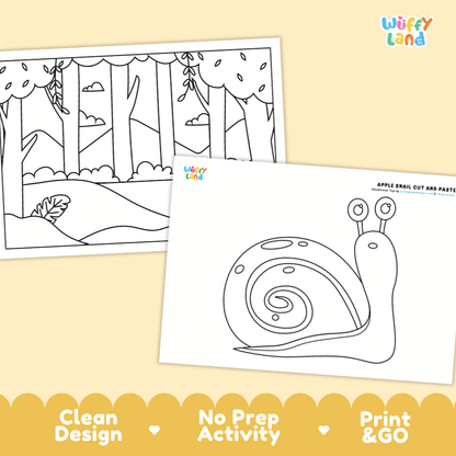 Apple Snail Cut and Paste Craft and Coloring Activity Worksheets