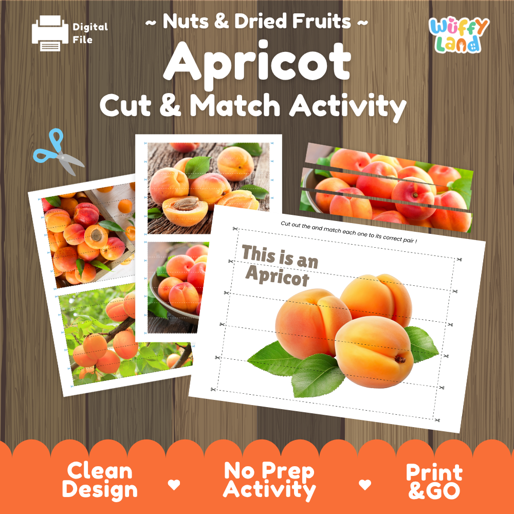 Apricot cut and match activity cover showing printable fine motor puzzle sheets and fruit photographs