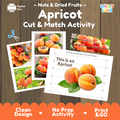 Apricot cut and match activity cover showing printable fine motor puzzle sheets and fruit photographs