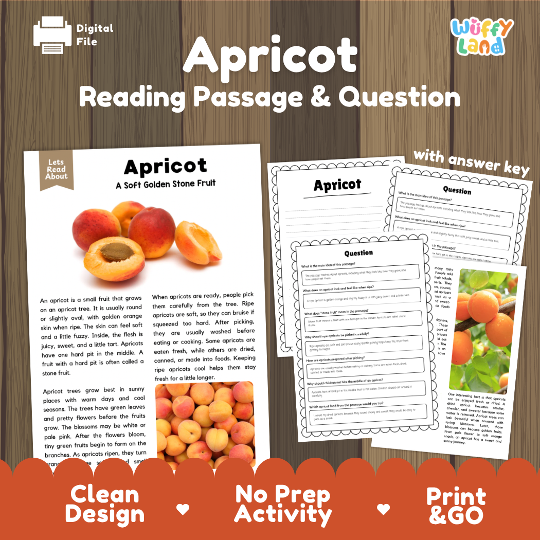 Apricot reading comprehension passage and questions printable activity pack with answer key for elementary students