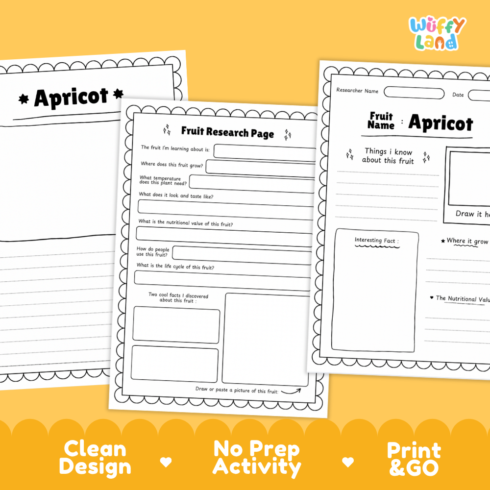 Three printable fruit activity sheets for apricot, arranged on a yellow background with the text 'Clean Design', 'No Prep Activity', and 'Print & GO'. The sheets are black and white with writing areas and drawing boxes, and the brand 'Wiffi Land' appears in the top right corner.
