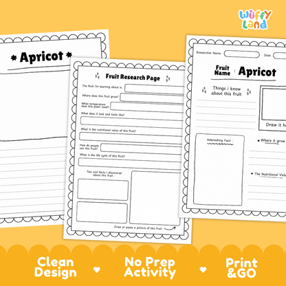 Three printable fruit activity sheets for apricot, arranged on a yellow background with the text 'Clean Design', 'No Prep Activity', and 'Print & GO'. The sheets are black and white with writing areas and drawing boxes, and the brand 'Wiffi Land' appears in the top right corner.