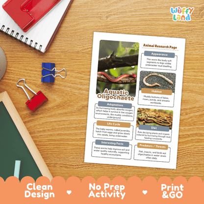 Aquatic Oligochaete Animal Research Page and Worksheets