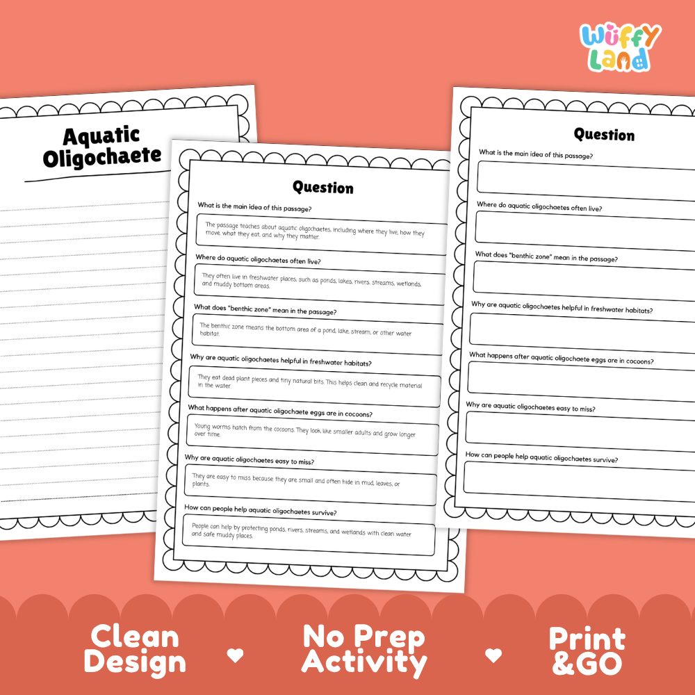 Aquatic Oligochaete Reading Passage and Comprehension Questions with Answer Key Worksheets