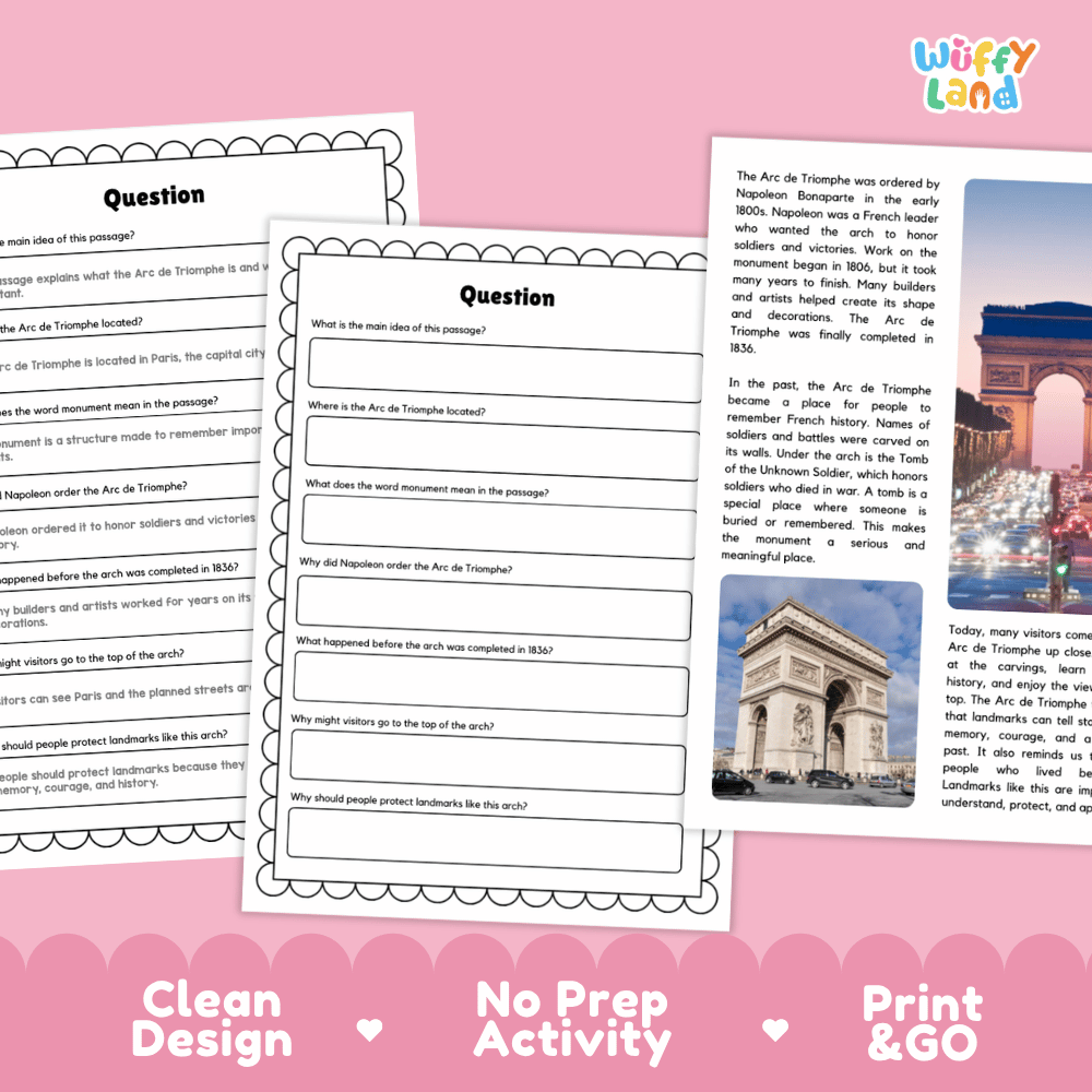 Arc de Triomphe Landmark Reading Passages and Comprehension Worksheets