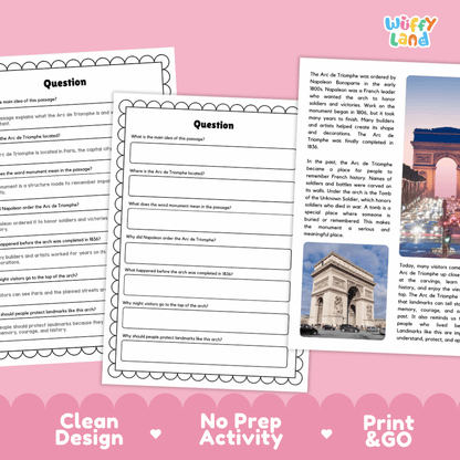 Arc de Triomphe Landmark Reading Passages and Comprehension Worksheets