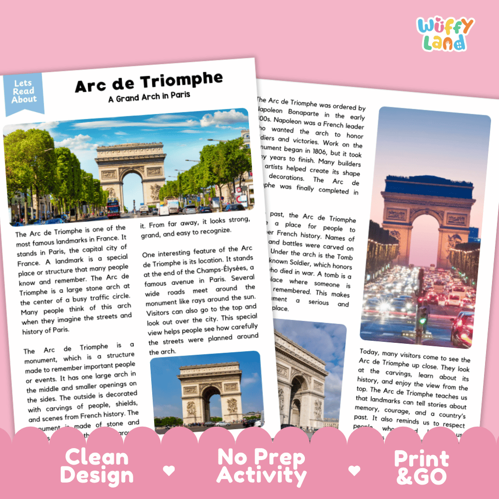 Arc de Triomphe Landmark Reading Passages and Comprehension Worksheets