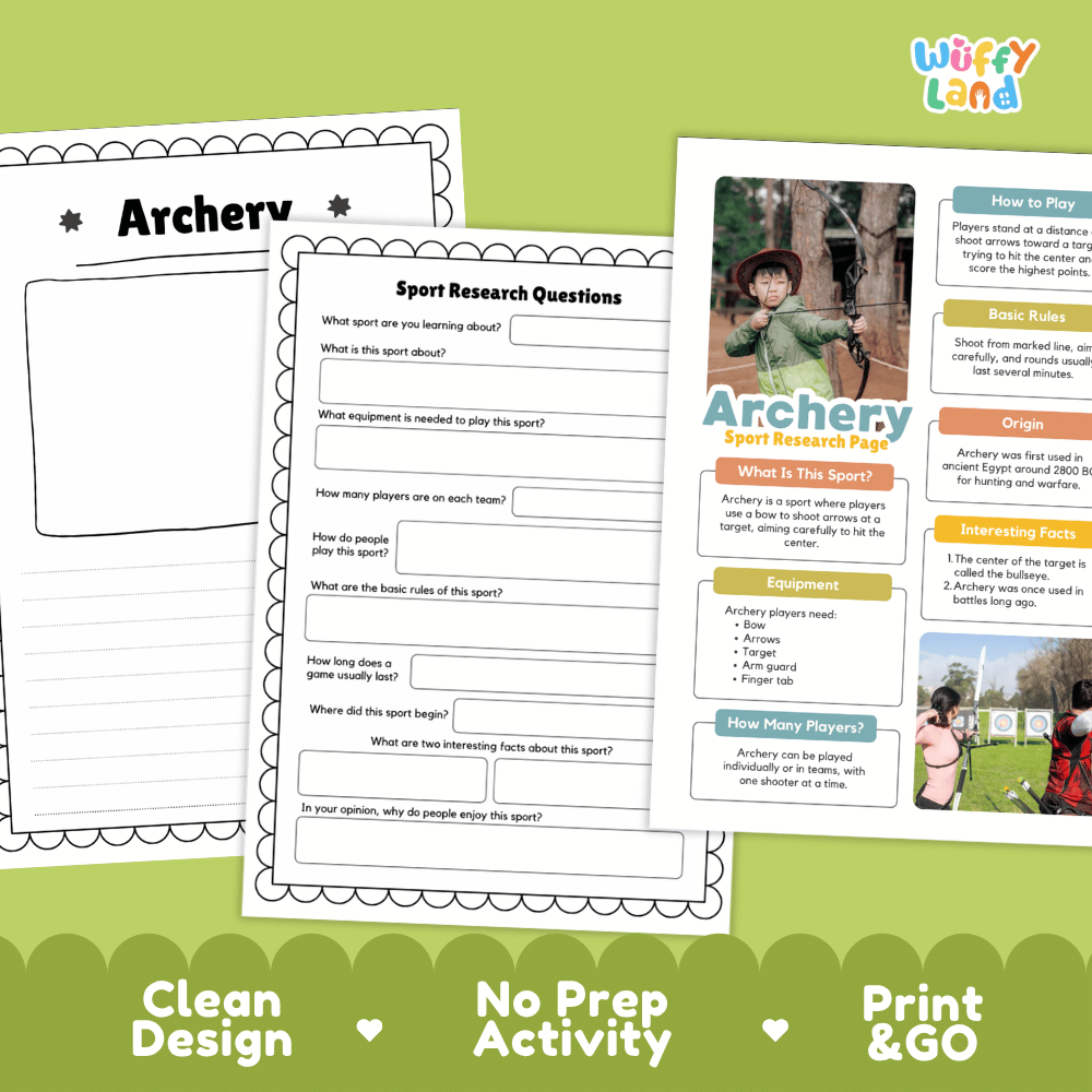 Archery Sport Research Project Worksheets and Fact Sheet
