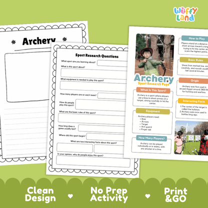 Archery Sport Research Project Worksheets and Fact Sheet