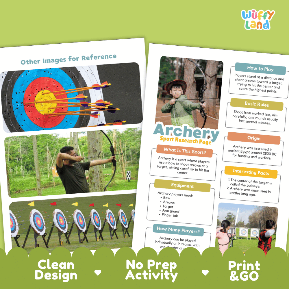 Archery Sport Research Project Worksheets and Fact Sheet