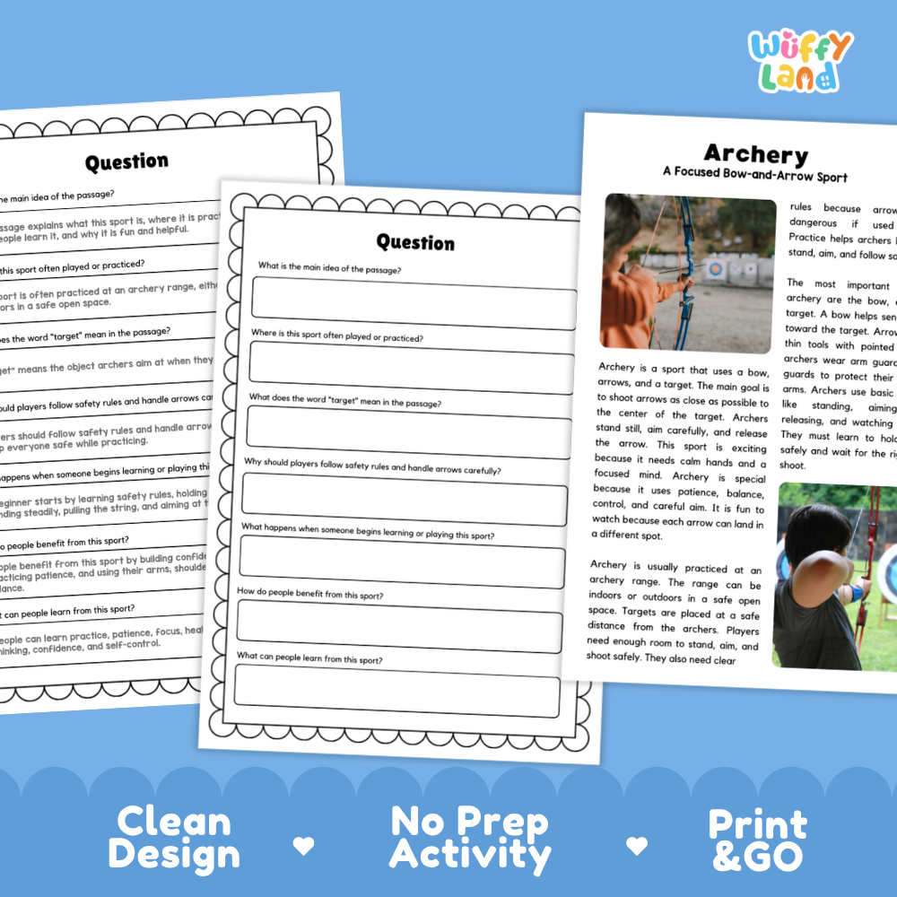 Three printable activity sheets for archery are displayed on a light gray background with promotional text at the bottom. The sheets include a word bank, a short-answer question page, and a reading passage titled 'Archery: A Focused Fine-and-Arrow Sport' with a small photo of a person holding a bow.