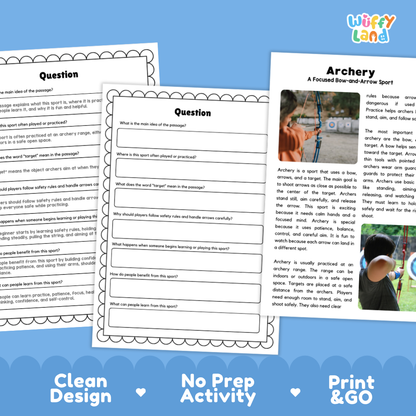 Three printable activity sheets for archery are displayed on a light gray background with promotional text at the bottom. The sheets include a word bank, a short-answer question page, and a reading passage titled 'Archery: A Focused Fine-and-Arrow Sport' with a small photo of a person holding a bow.