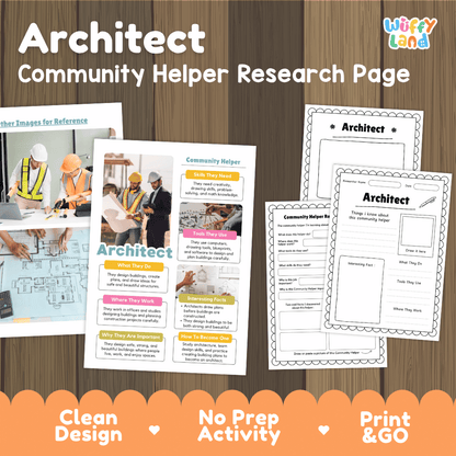 Architect community helper research page writing worksheets pack featuring real photos and student activity pages for elementary social studies and STEM