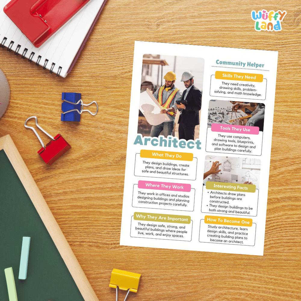 Guided student writing worksheets with lined sections for recording facts and a dedicated box for drawing or pasting a picture of an architect