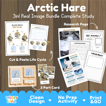 Arctic Hare 3-in-1 real image bundle complete study cover showing cut and paste life cycle, 3 part cards, and research pages