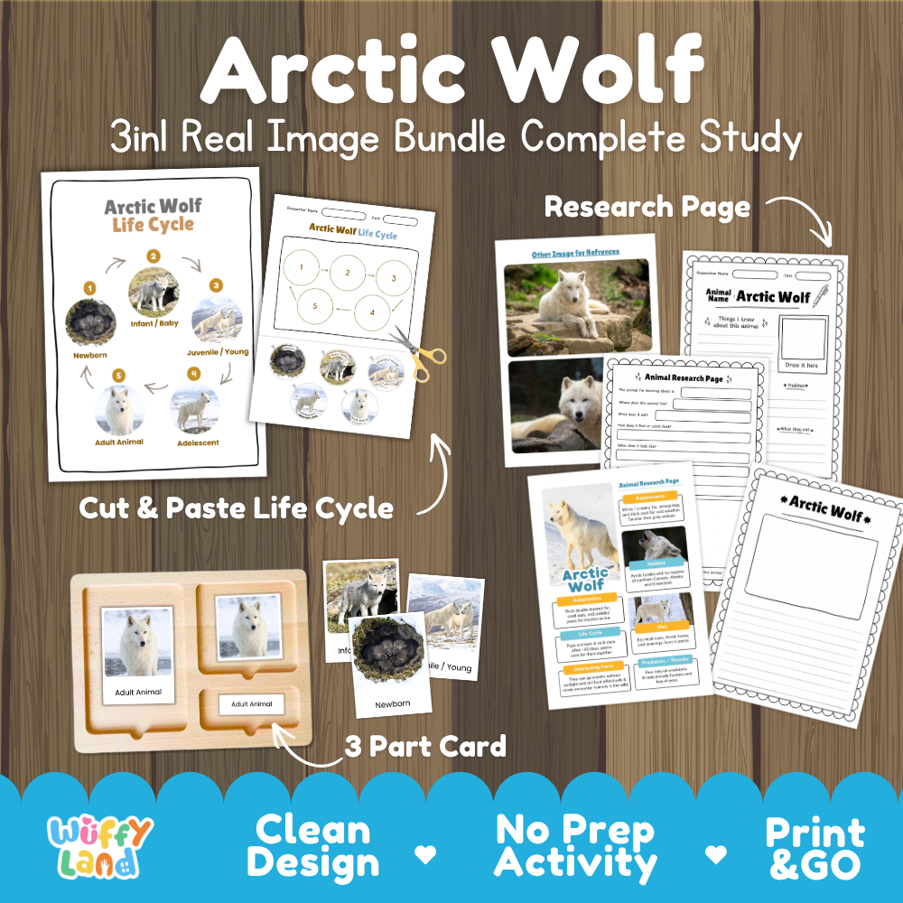 Arctic Wolf 3-in-1 real image bundle complete study cover showing cut and paste life cycle, 3 part cards, and research pages