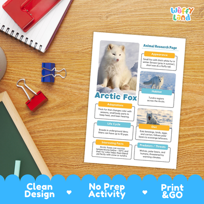 Arctic Fox Animal Research Page Worksheets