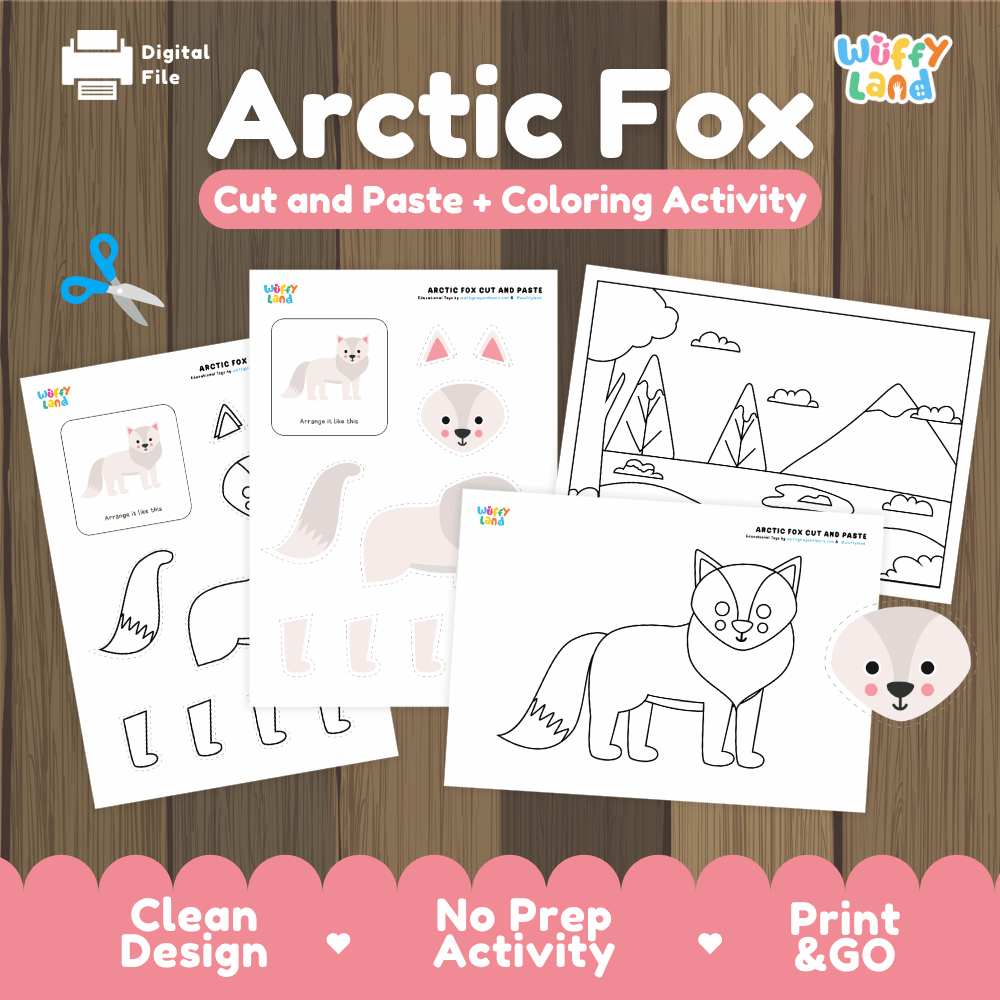 Arctic Fox Cut and Paste Craft and Coloring Activity Worksheets
