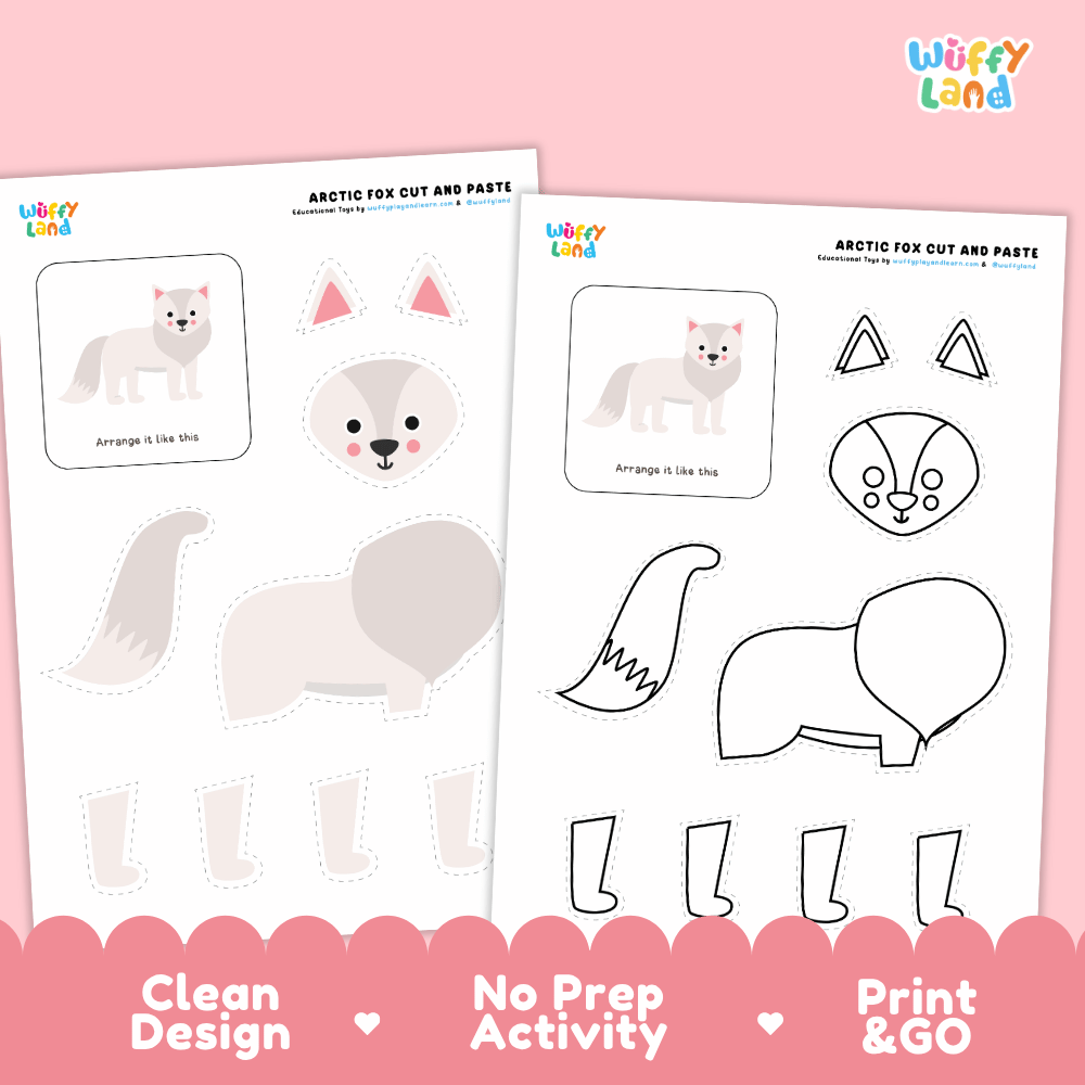 Arctic Fox Cut and Paste Craft and Coloring Activity Worksheets