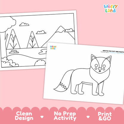 Arctic Fox Cut and Paste Craft and Coloring Activity Worksheets