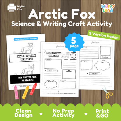 Arctic Fox Science & Writing Craft Activity digital download preview by Wiffly Land, showing three printable activity pages on a wood background with green badges and feature labels.