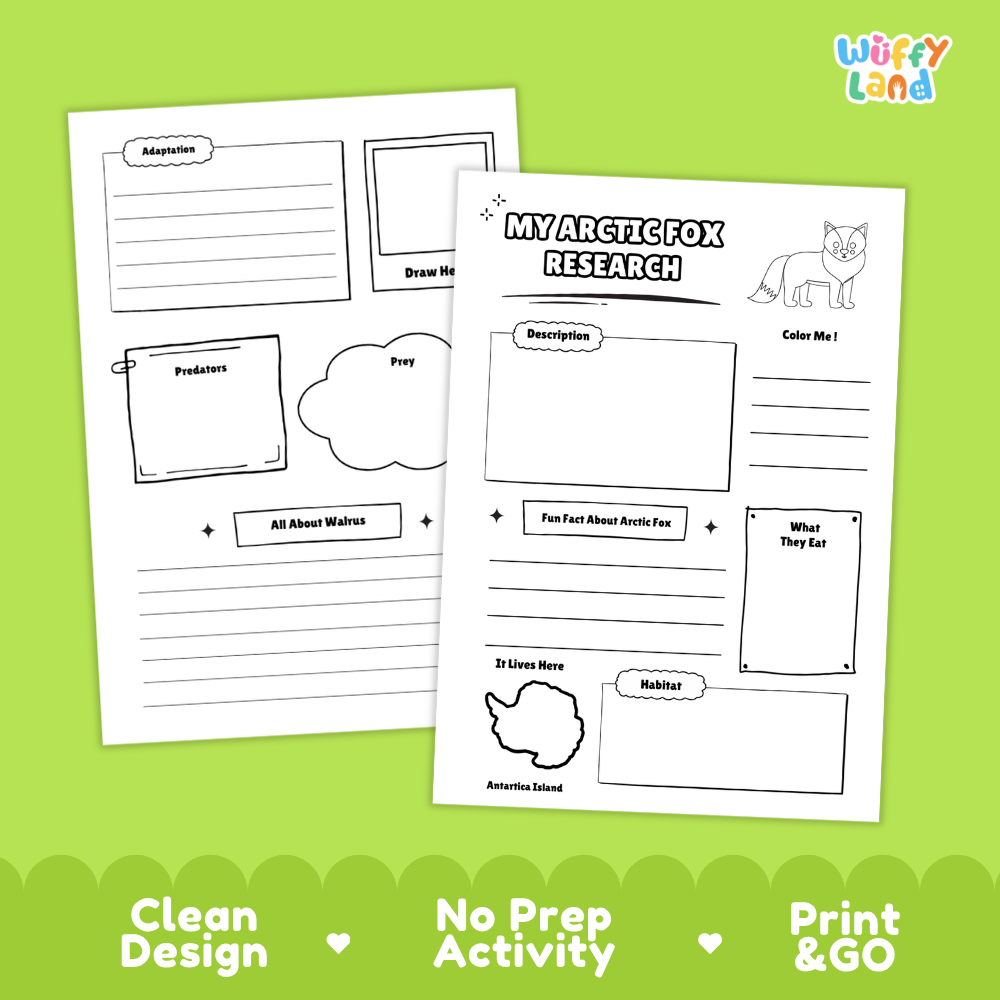 Two printable activity sheets for children about the Arctic fox, shown on a bright green background. The sheets have black outline boxes and text fields such as 'Adopter,' 'Draw Me,' 'Predators,' 'Prey,' 'Description,' 'Fun Fact About Arctic Fox,' 'What They Eat,' 'Arctic Island,' and 'Minkit.
