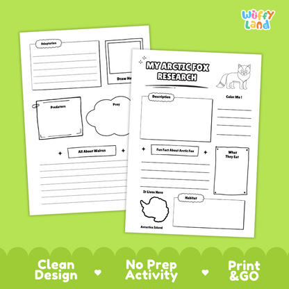 Two printable activity sheets for children about the Arctic fox, shown on a bright green background. The sheets have black outline boxes and text fields such as 'Adopter,' 'Draw Me,' 'Predators,' 'Prey,' 'Description,' 'Fun Fact About Arctic Fox,' 'What They Eat,' 'Arctic Island,' and 'Minkit.