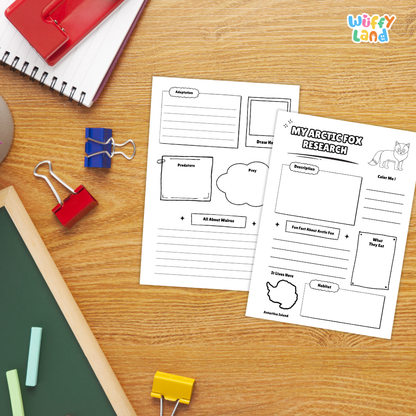 Two printable owl-themed research worksheet pages laid on a wooden desk, surrounded by school supplies including binder clips, a spiral notebook, chalk, and a green board. The worksheets have black outline boxes and text fields such as 'Resources,' 'Brainstorm,' 'Predictions,' and 'My Nowy Owl Research.