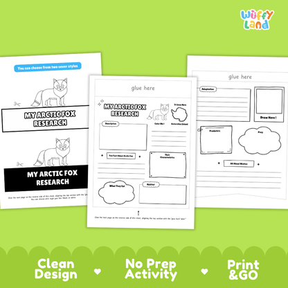 Three printable activity sheets for children from Wiffy Land, featuring Arctic fox research prompts and drawing areas, displayed on a bright green background with marketing text at the bottom.