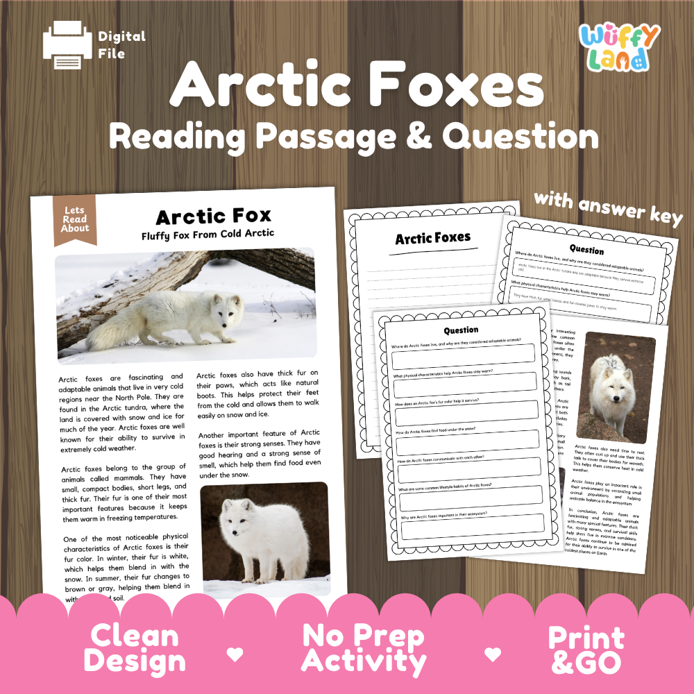 Digital educational resource cover for 'Arctic Foxes Reading Passage & Question' by Wiffly Land, showing sample pages with text, a question section, and an arctic fox photo on a wood background with pink promotional banners.