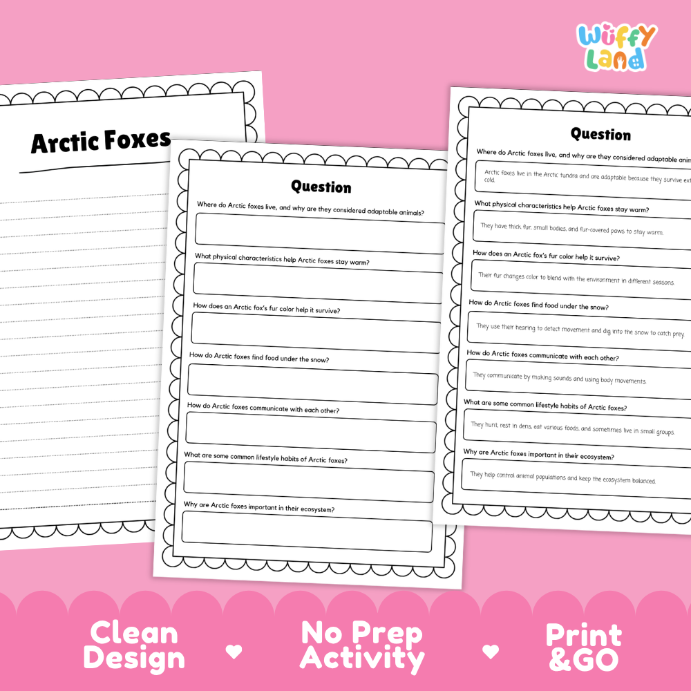 Three printable worksheet pages about Arctic Foxes are shown on a pink background with promotional text reading 'Clean Design,' 'No Prep Activity,' and 'Print & GO.' The pages are white with black text and decorative border lines, and the brand name 'Wiffi Land' appears in the top right.