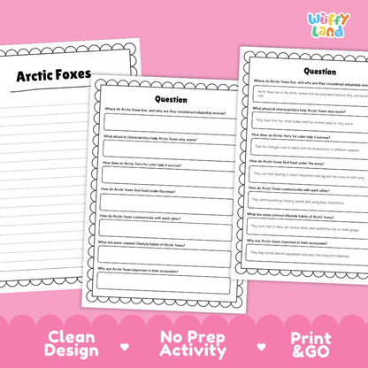 Three printable worksheet pages about Arctic Foxes are shown on a pink background with promotional text reading 'Clean Design,' 'No Prep Activity,' and 'Print & GO.' The pages are white with black text and decorative border lines, and the brand name 'Wiffi Land' appears in the top right.