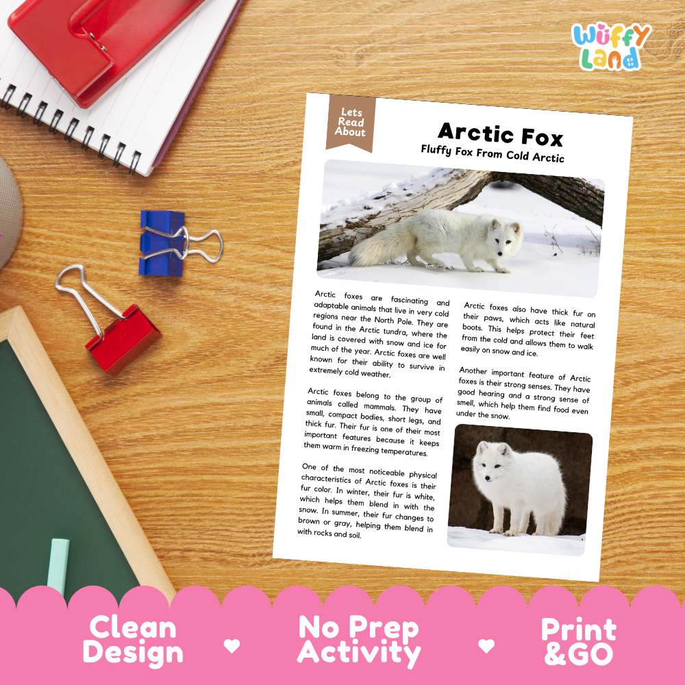 A children's educational reading activity sheet titled 'Arctic Fox' laid on a wooden desk, surrounded by a red notebook, blue binder clips, and a pink decorative banner at the bottom. The sheet includes a photo of an arctic fox and text about the animal.