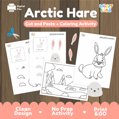 Arctic Hare Cut and Paste Craft and Coloring Activity Worksheets