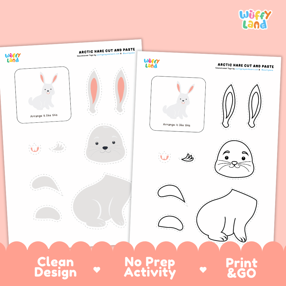 Arctic Hare Cut and Paste Craft and Coloring Activity Worksheets