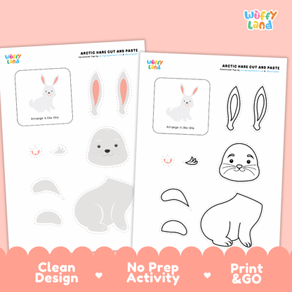 Arctic Hare Cut and Paste Craft and Coloring Activity Worksheets