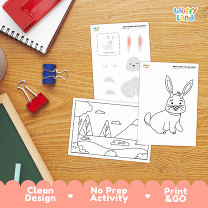 Arctic Hare Cut and Paste Craft and Coloring Activity Worksheets