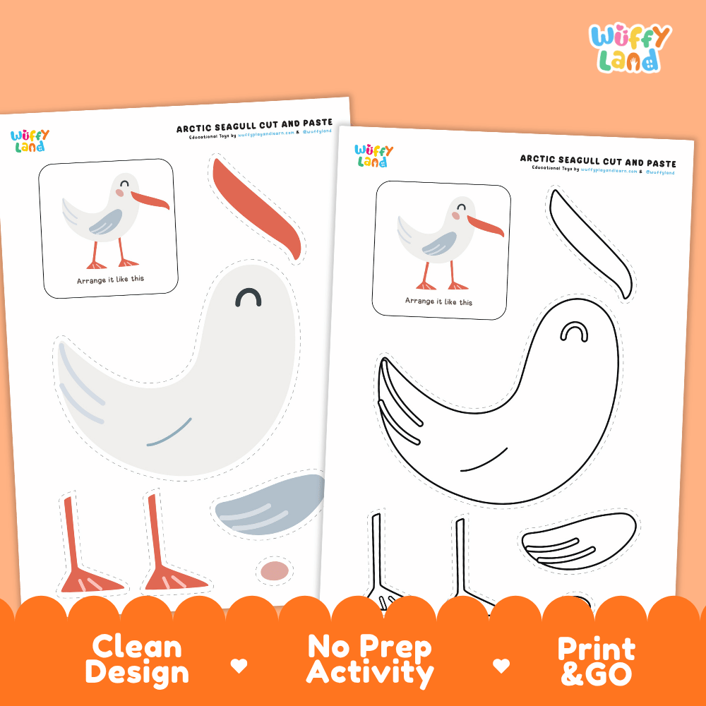 Arctic Seagull Cut and Paste Craft and Coloring Pages Activity Worksheets