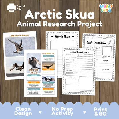 Digital educational activity sheet set titled 'Arctic Skua Animal Research Project' by Wiffy Land, shown on a wood background with sample worksheet pages, a reference card, and a title card.