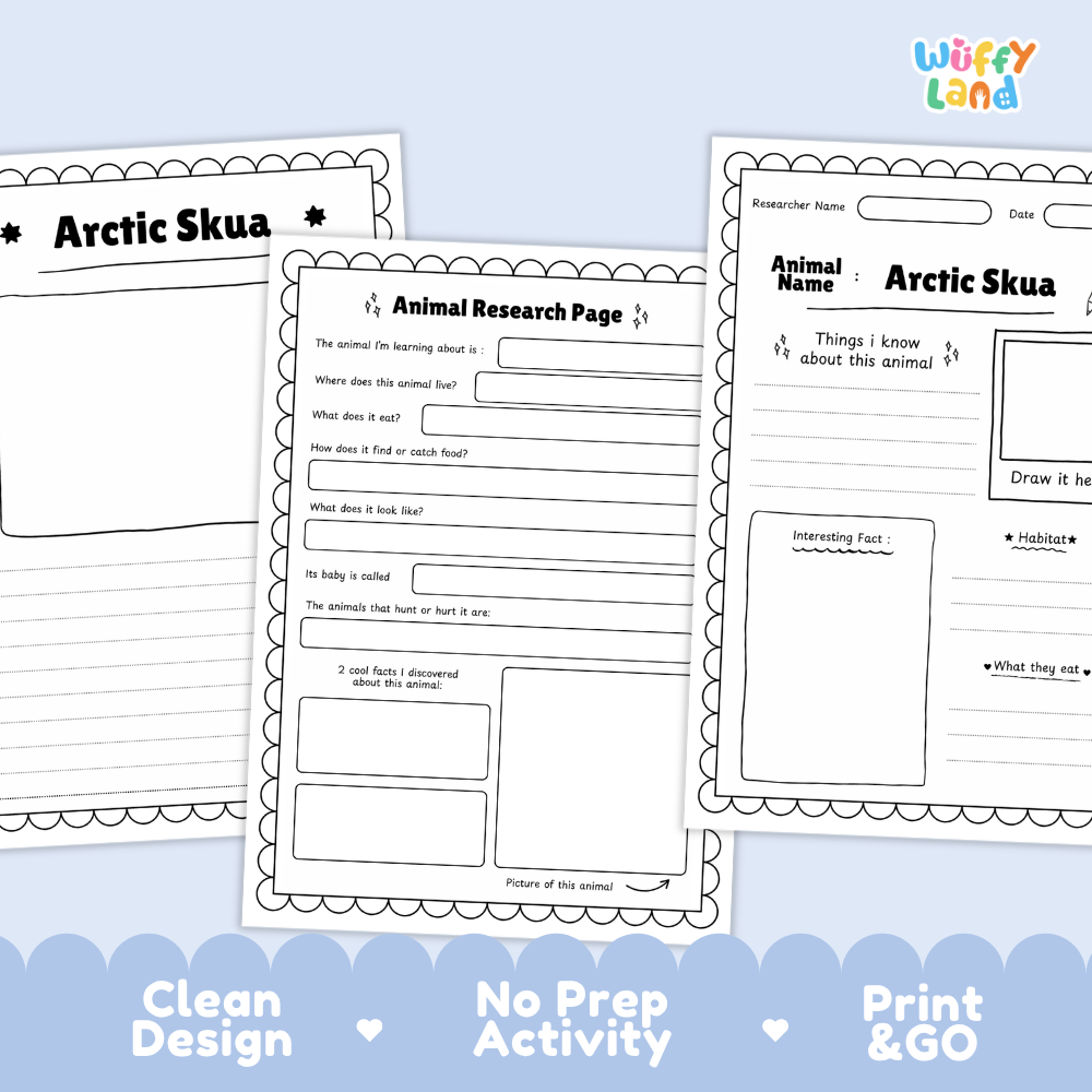 Three printable worksheet pages for Arctic Skua animal research are displayed on a light blue background with decorative text at the bottom. The pages include writing sections, a diagram area, and a drawing box, with the Wiffy Land logo in the top right corner.