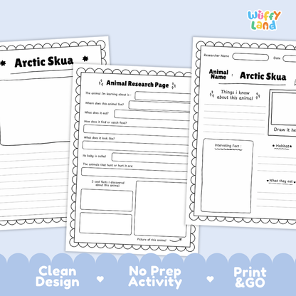 Three printable worksheet pages for Arctic Skua animal research are displayed on a light blue background with decorative text at the bottom. The pages include writing sections, a diagram area, and a drawing box, with the Wiffy Land logo in the top right corner.