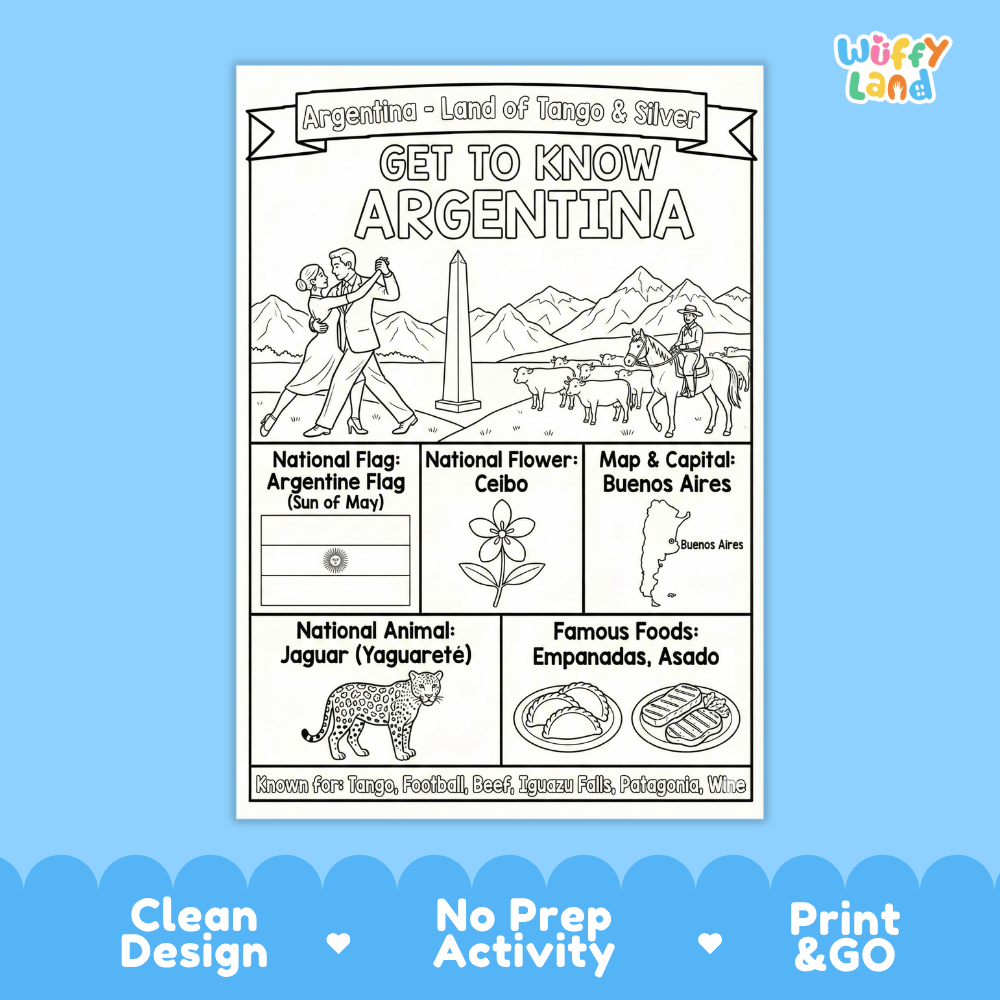 Argentina Geography Coloring Poster and Fact Sheet Printables