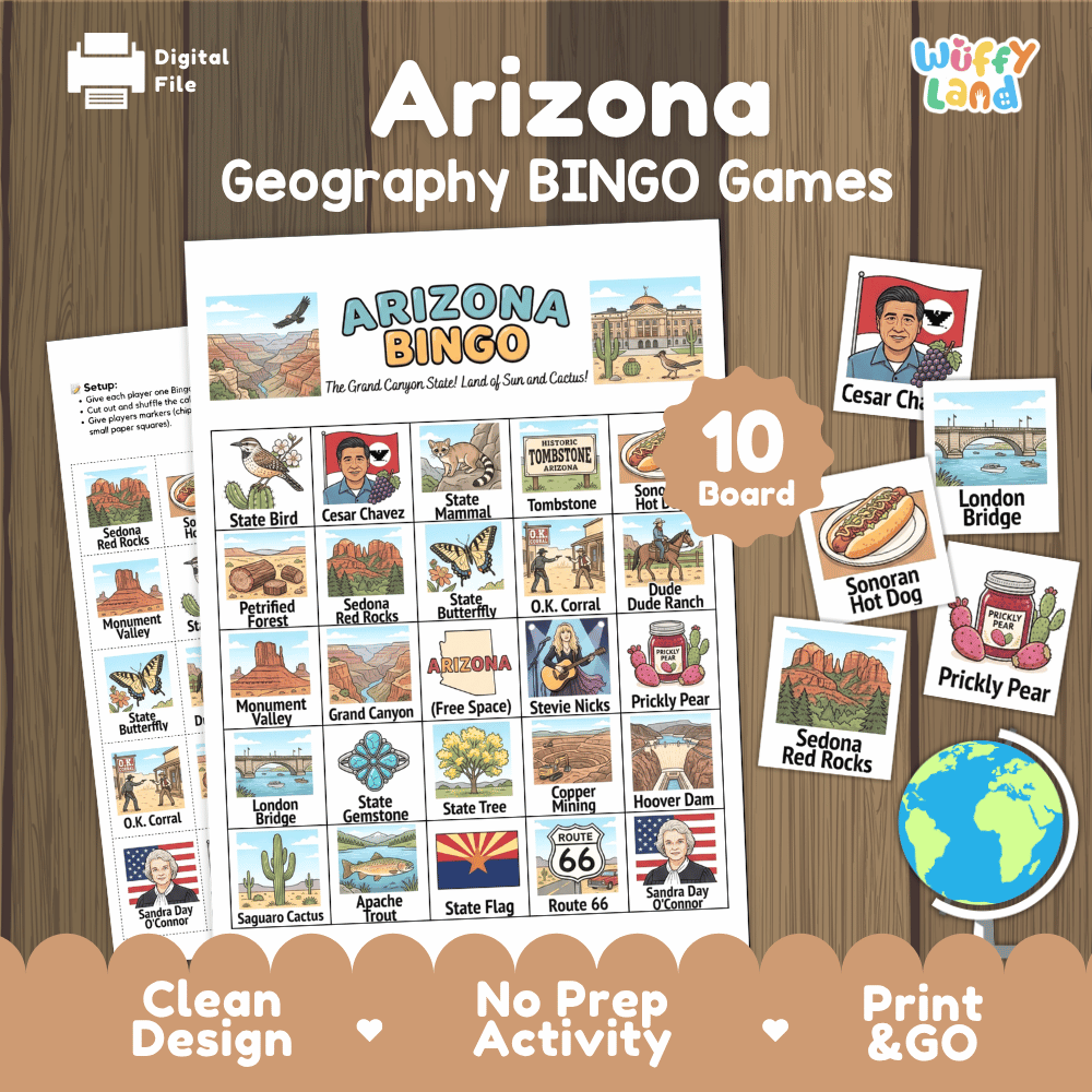 Arizona Geography BINGO Game Grand Canyon State Activity Printable Boards