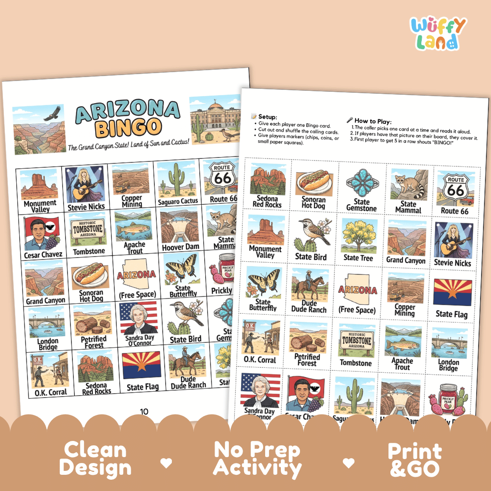 Arizona Geography BINGO Game Grand Canyon State Activity Printable Boards